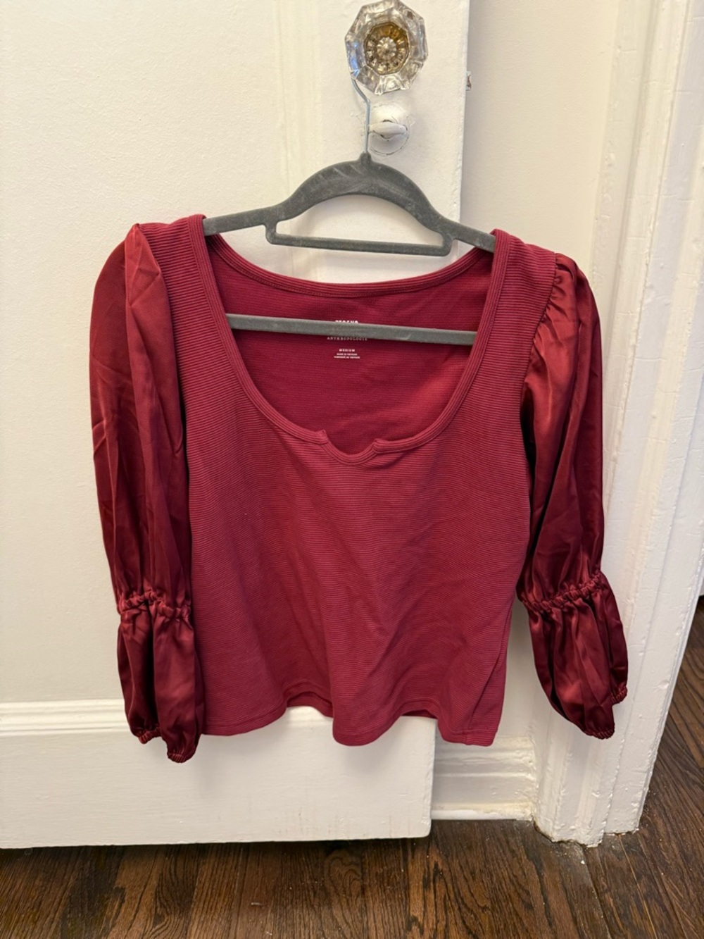 Maeve Wine Scoop Neck Puff Sleeve Top